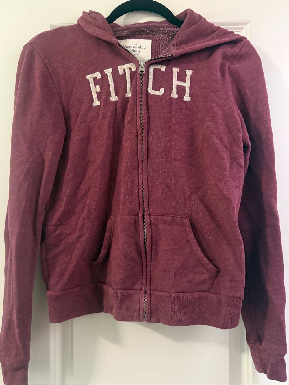 Abercrombie & Fitch Burgundy Hooded Zip Sweatshirt with 'FITCH' Embroidery